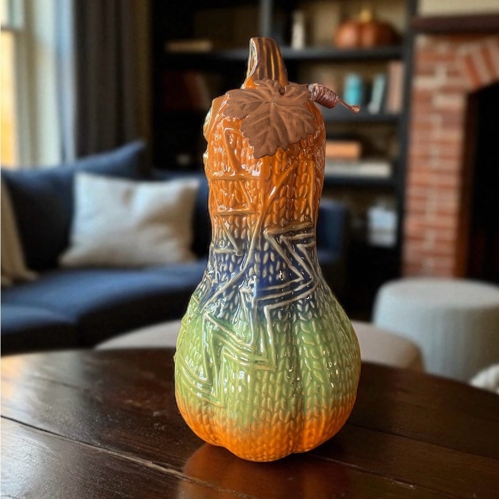 Ceramic Pumpkin Slender Embossed Vine Colorful Fall Decor Autumn Gourd 10" Tall